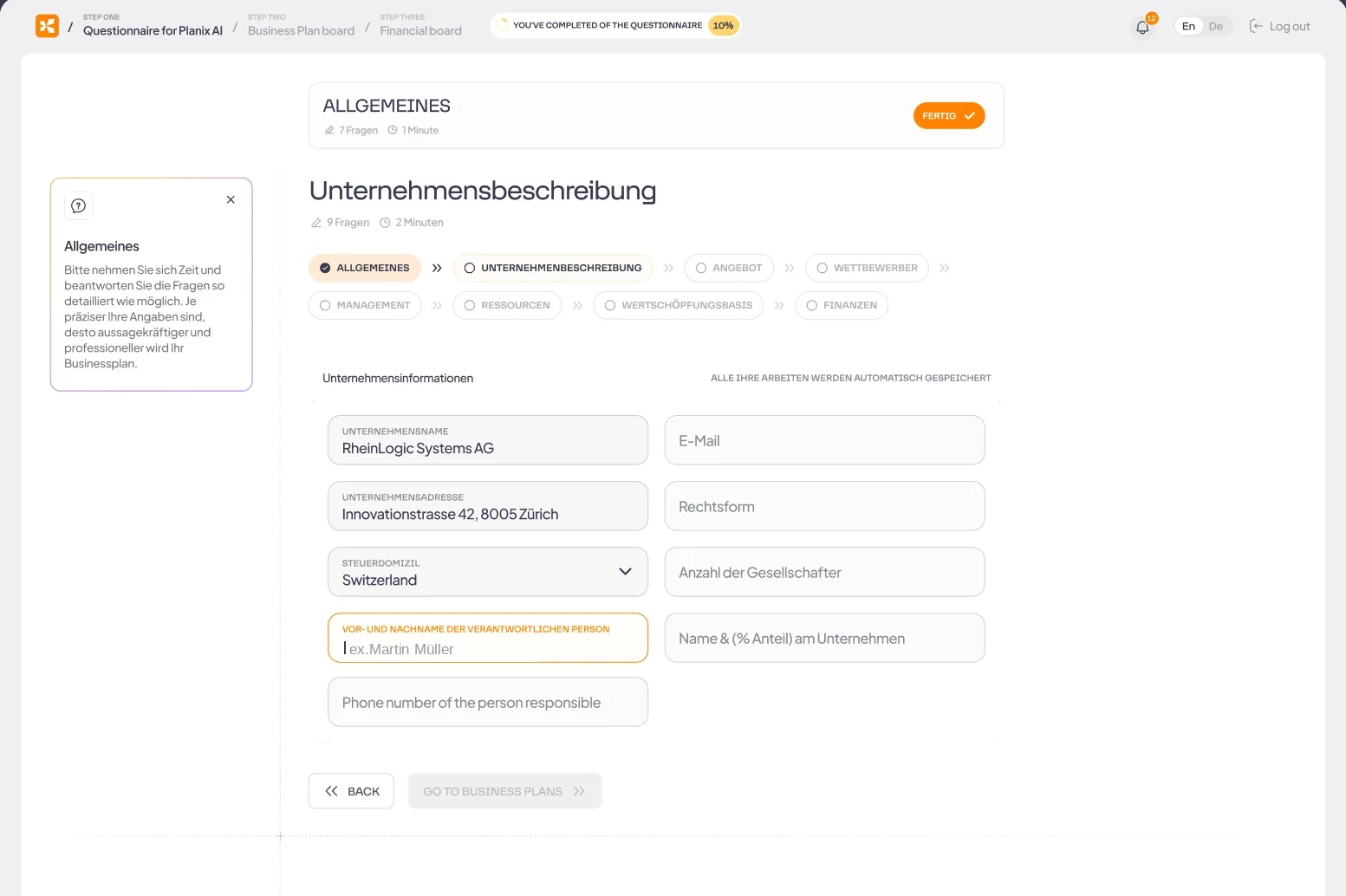 planix Dashboard – Fragebogen